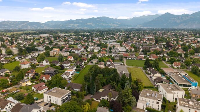 Luftaufnahme von Lustenau mit Bergkulisse